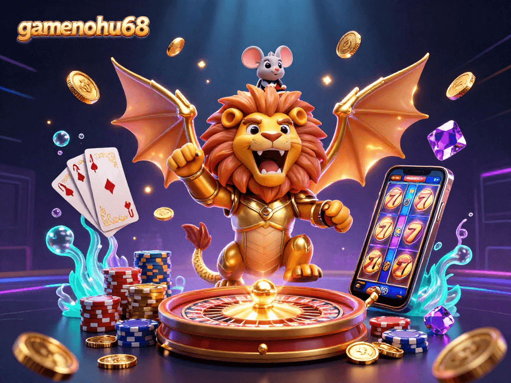 Experience the thrill of gamenohu68 with an epic 3D casino scene showcasing golden coins and vibrant gaming elements.