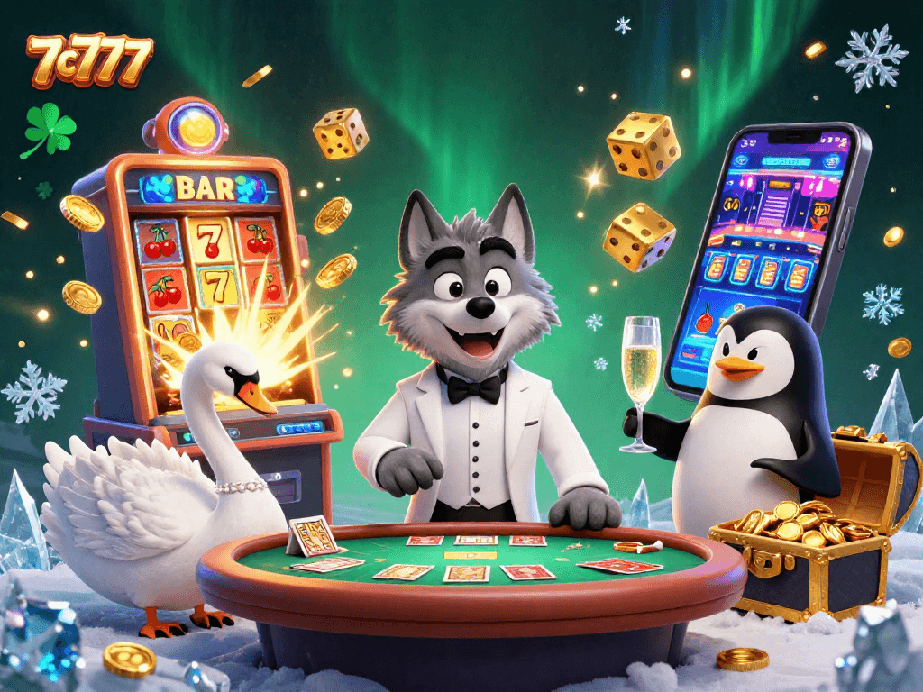 Experience the excitement at 7c777's baccarat table with appealing characters and dynamic casino elements.