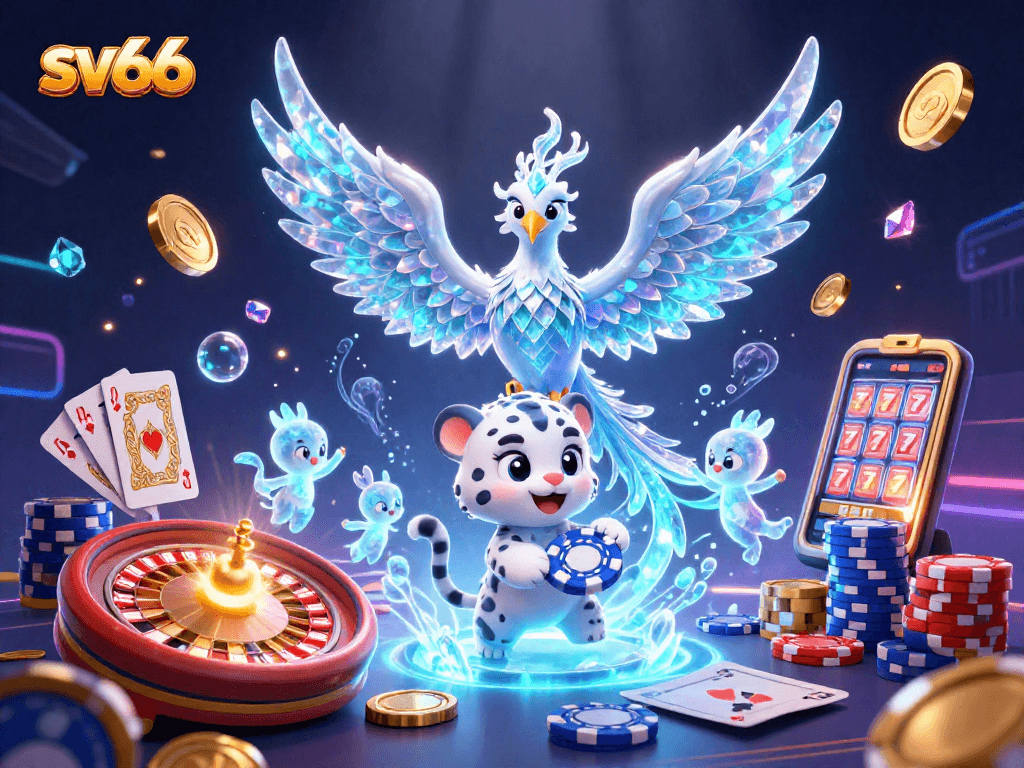 Experience winning thrills with sv66 as characters engage in vibrant casino action amidst glowing decorations.