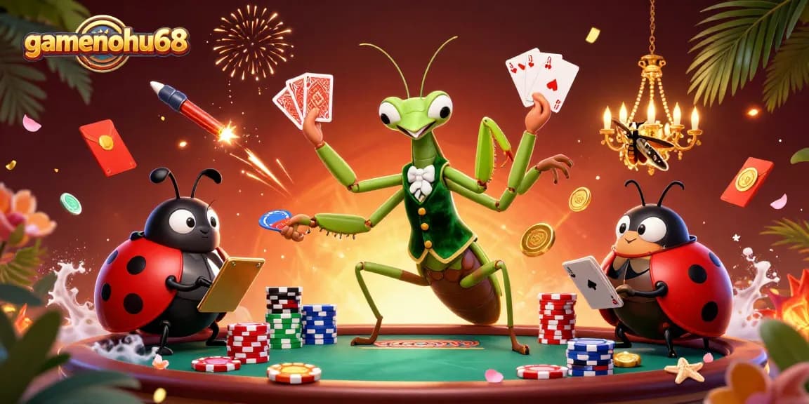 Engage in thrilling card games with gamenohu68's dynamic casino scene featuring lively characters and vibrant decorations.