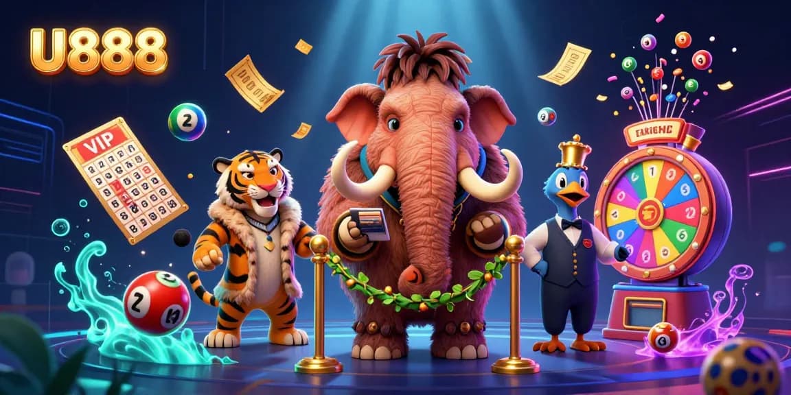 Experience the thrill of U888 with a dynamic scene featuring a woolly mammoth bouncer and vibrant lottery elements.