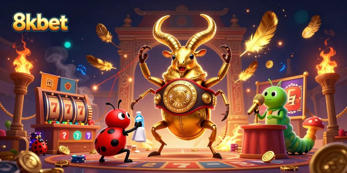 Join the excitement at 8kbet's vibrant casino, featuring a champion stag beetle, dynamic game elements, and action-packed atmosphere.