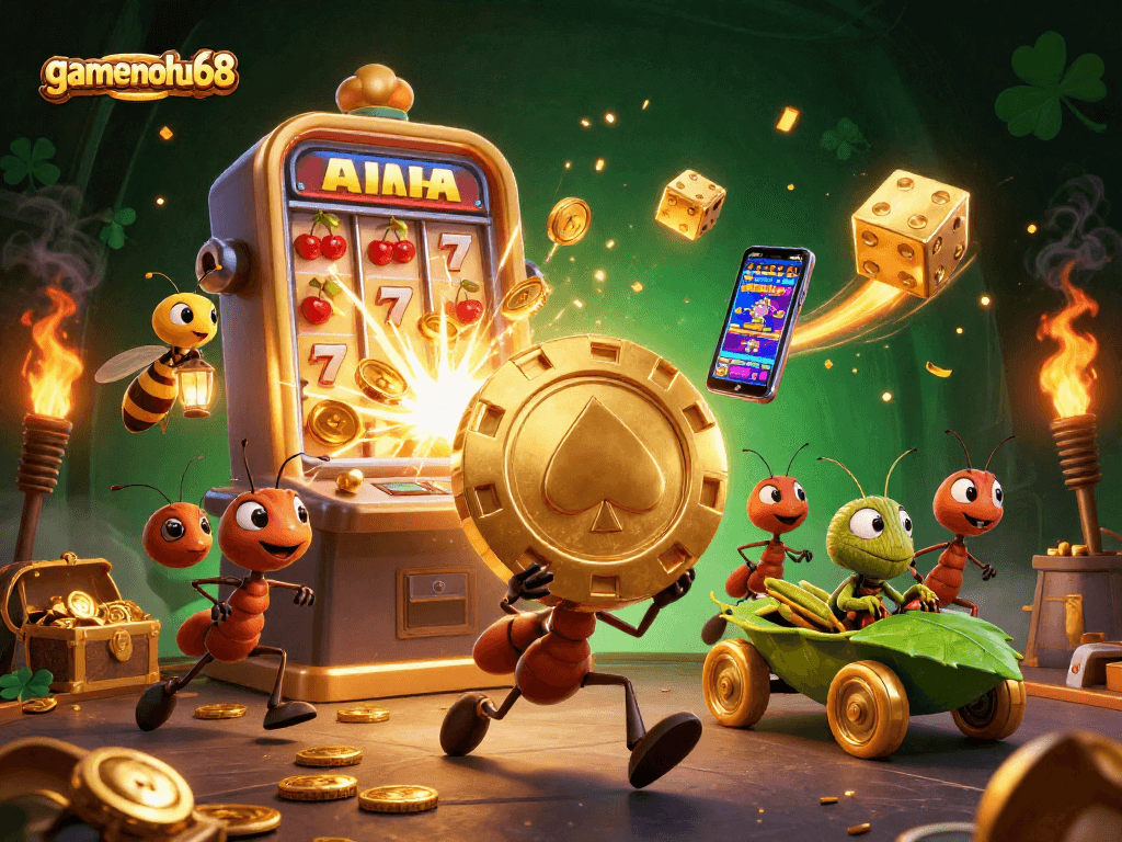 Join the heist at gamenohu68 with ants, poker chips, and slot machine fun!
