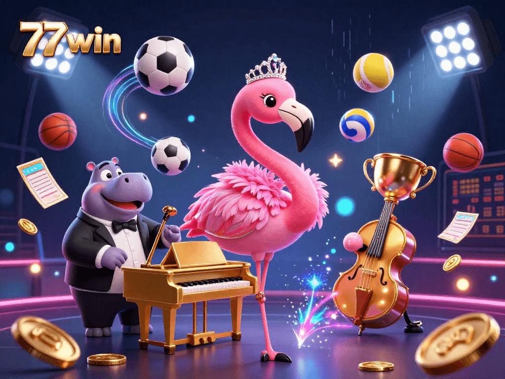Experience the lively atmosphere of 77win with stunning casino art featuring a pink flamingo singer and a hippo bassist in action.