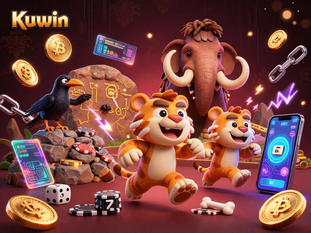 Kuwin's vibrant casino adventure with a playful caveman duo, crypto coins, and energy bursts.