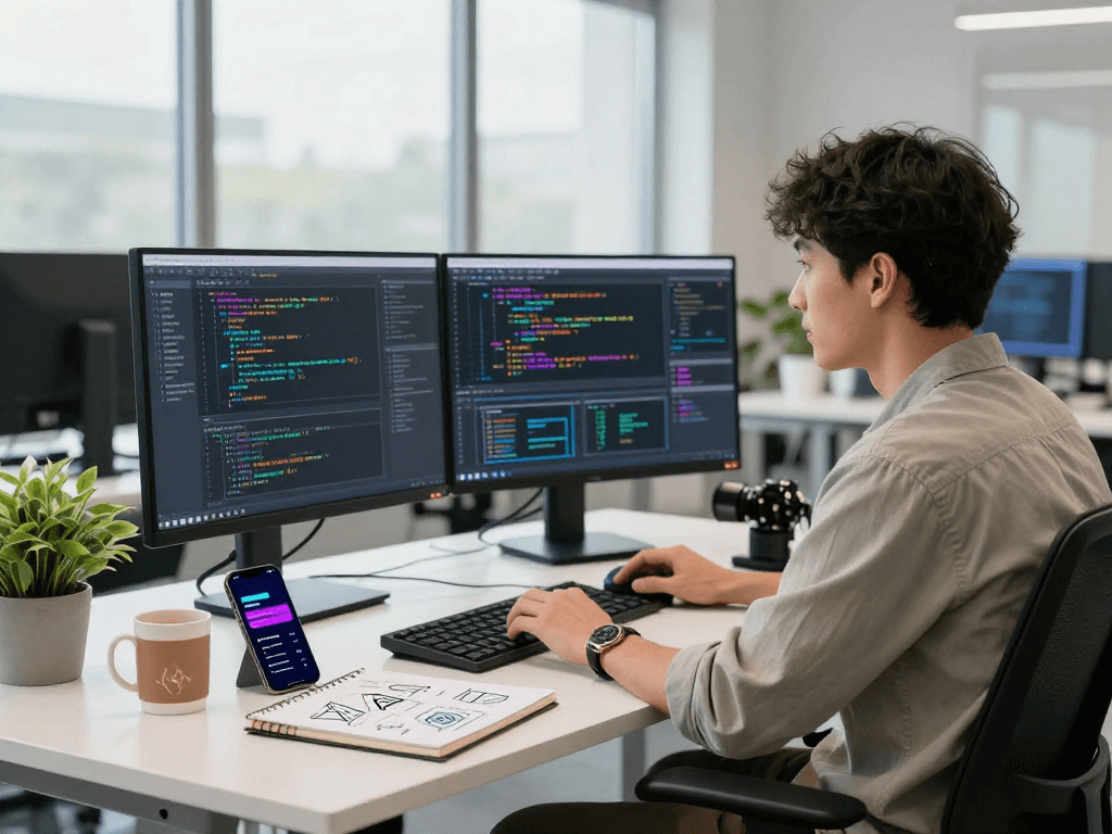 Developer coding with spicy ai tools in modern workspace
