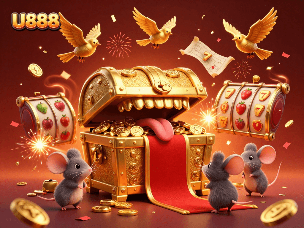 Engage with U888's vibrant 3D casino scene showcasing treasure chests and slot reels.