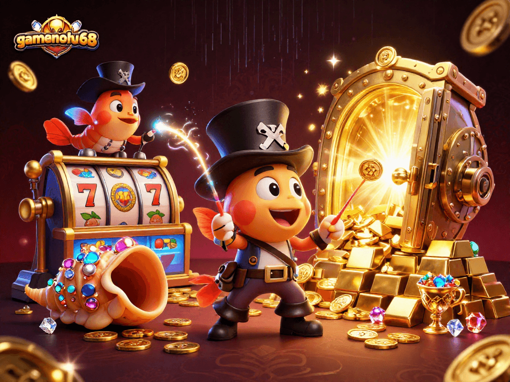 Experience the thrill of gamenohu68 slots with vibrant characters and dynamic casino elements.
