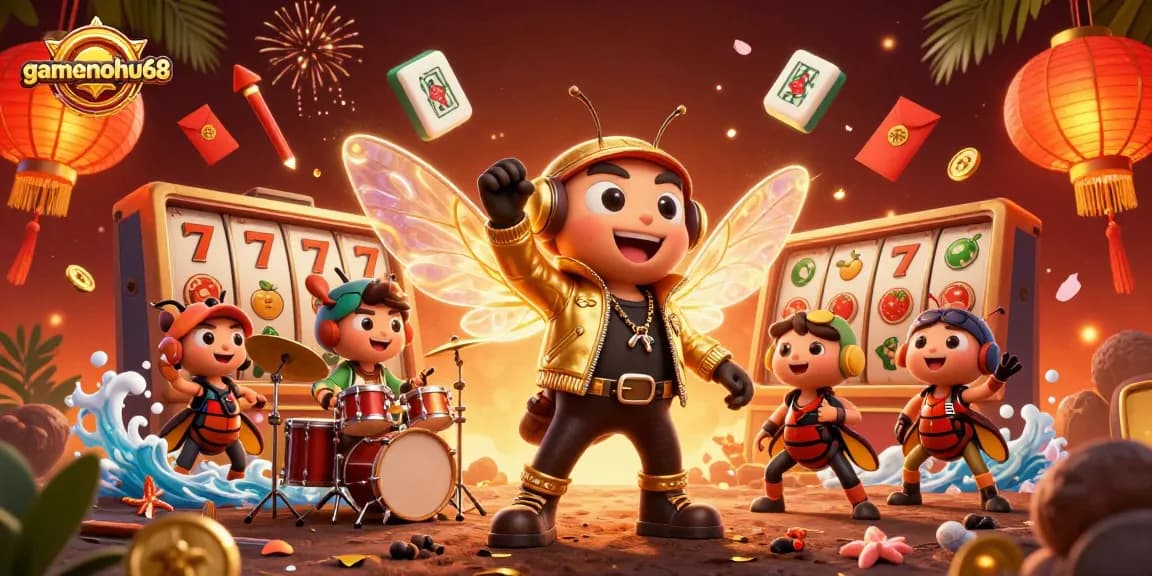 Experience gaming excitement with gamenohu68 in a vibrant 3D casino scene filled with slot reels and festive elements
