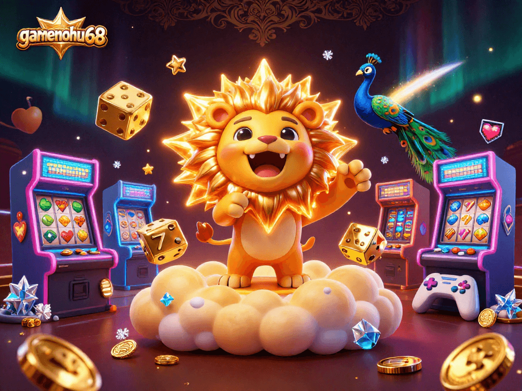 Experience the thrill of gambling at gamenohu68 with a vibrant 3D casino scene featuring colorful game elements.