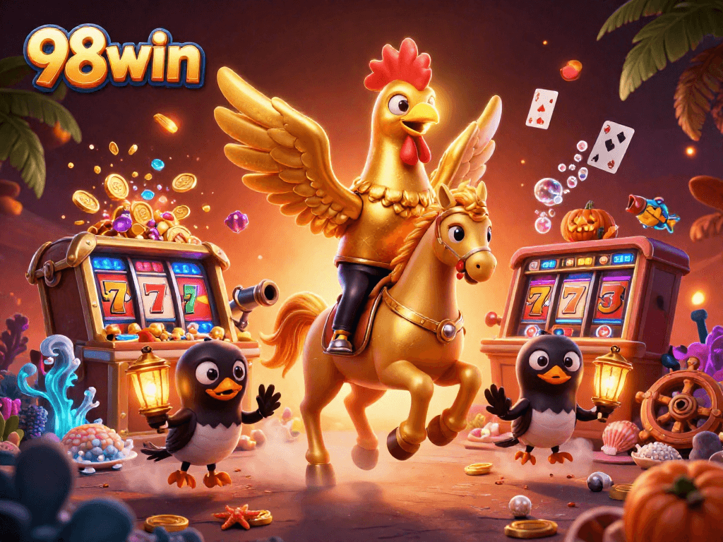 Experience the vibrant action at 98win casino with our captivating 3D illustration featuring slot reels and playful characters.