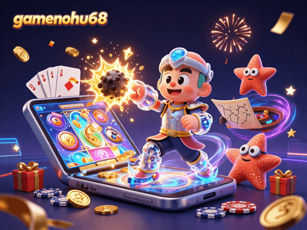 Experience the thrilling action of gamenohu68 with a samurai shrimp and starfish in a vibrant casino scene.