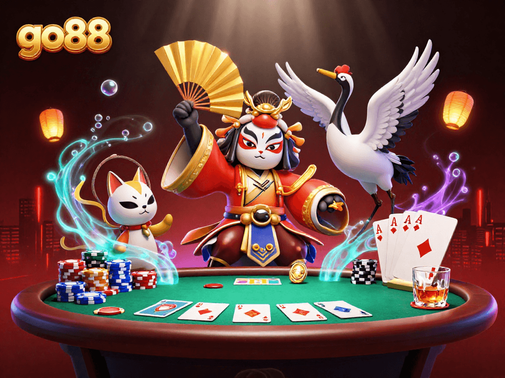 Experience thrilling poker action with go88 through a vibrant kabuki warrior scene, alive with energy.