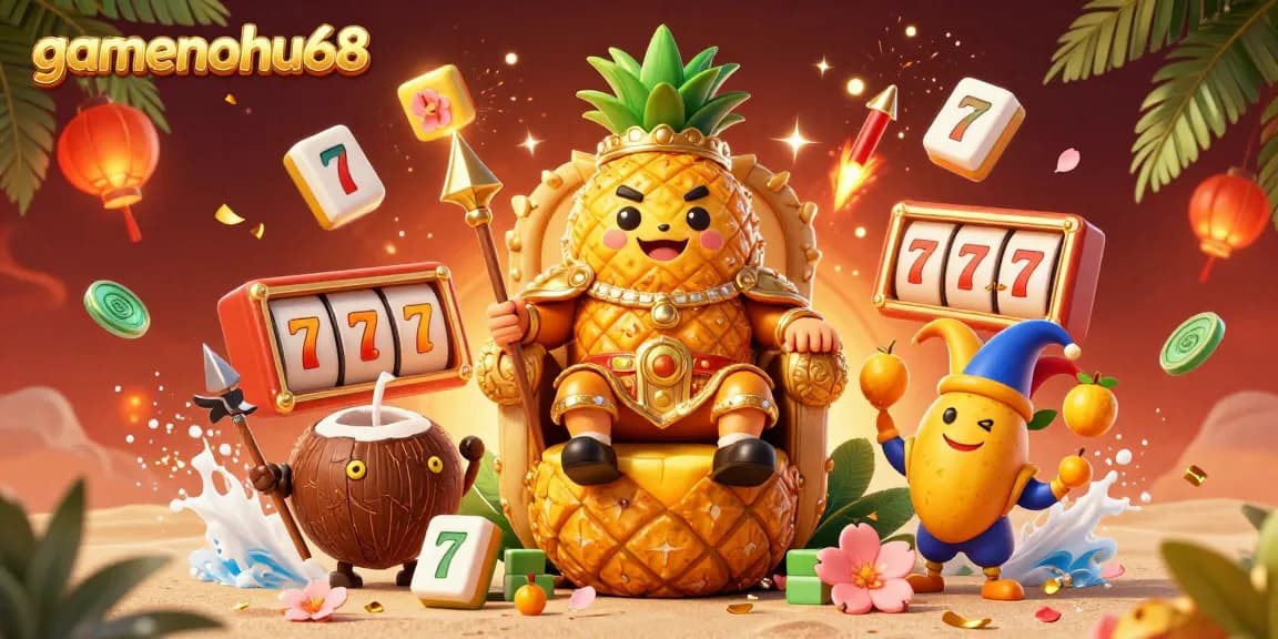 Experience the excitement of gamenohu68 with a vibrant 3D casino illustration featuring a pineapple king and jester.