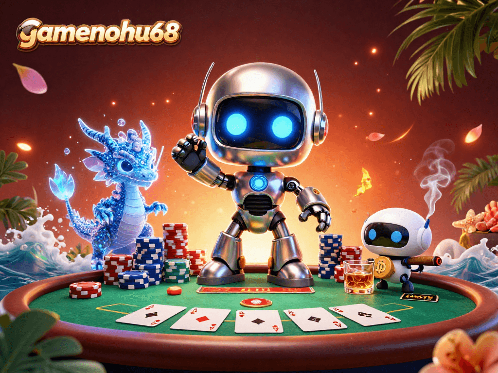 Engage in high-stakes poker with gamenohu68, featuring neon cyberpunk characters and vibrant casino elements.