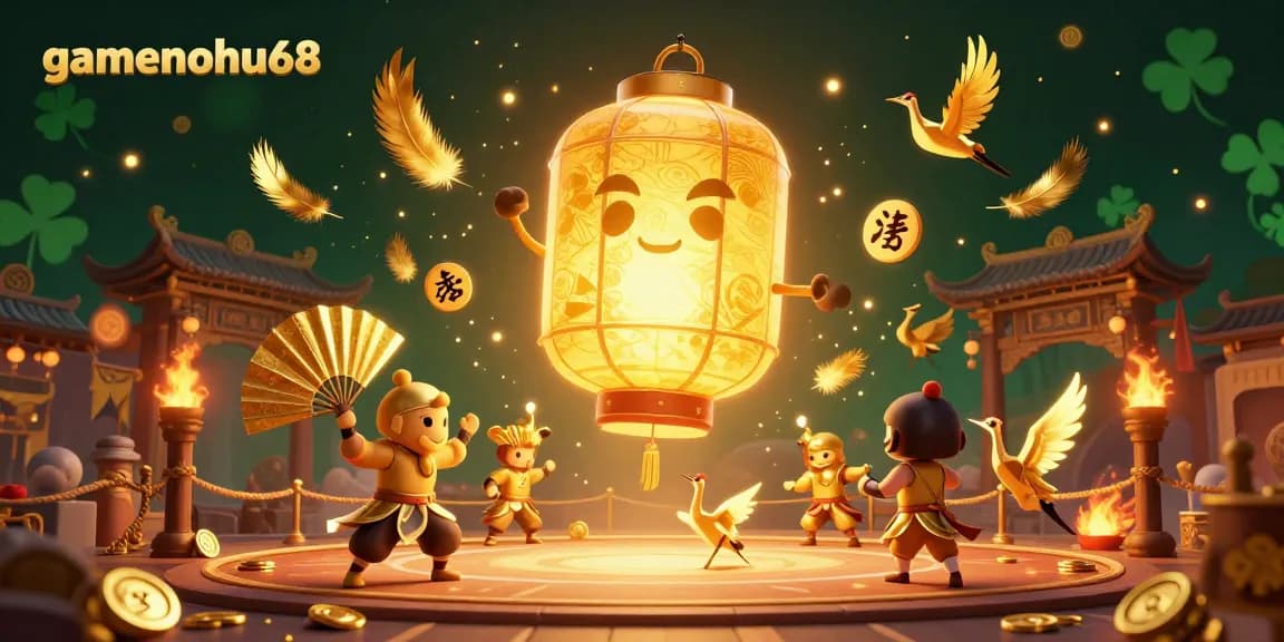 Engage with gamenohu68 in an immersive, energetic casino scene featuring lucky symbols and vibrant characters.