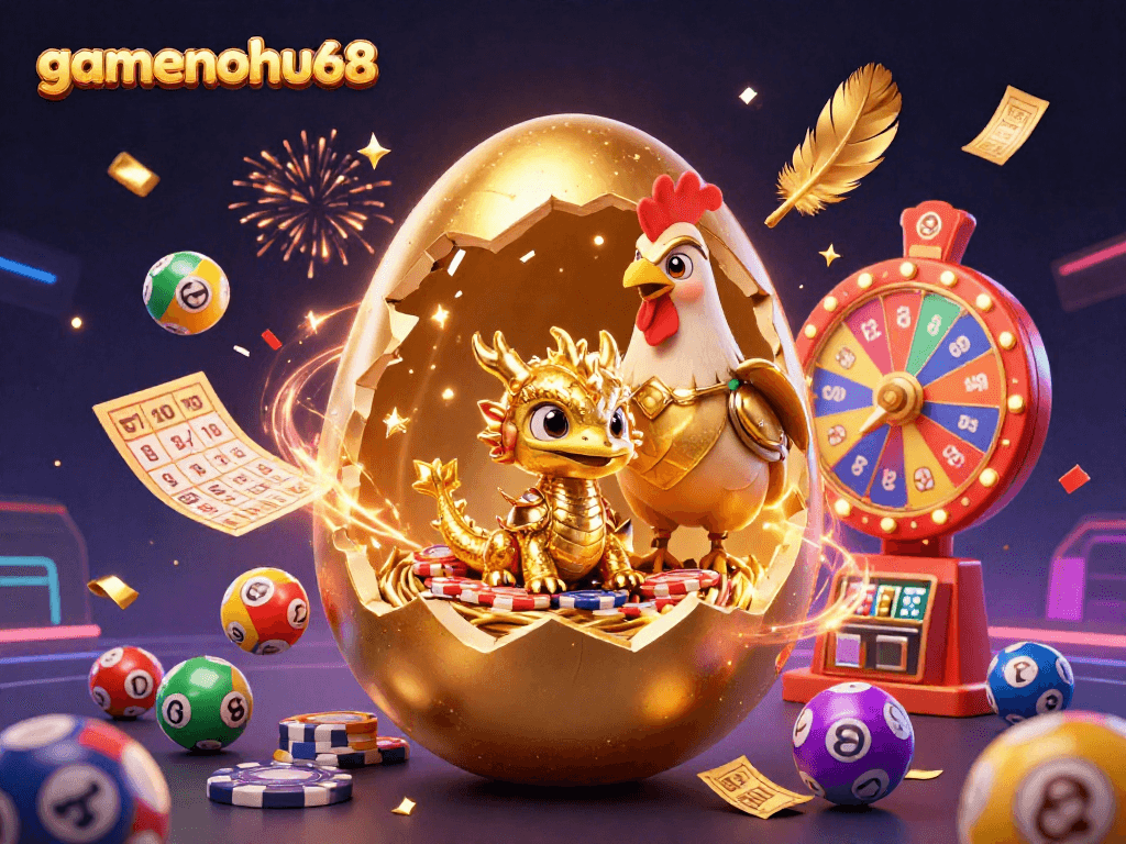 Engage with gamenohu68: Vibrant 3D illustration featuring a golden egg and fantastical gaming elements.