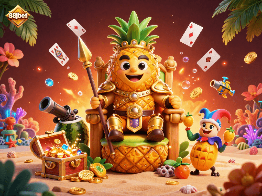 Experience vibrant casino action with 88jbet featuring a golden pineapple king and tropical elements.