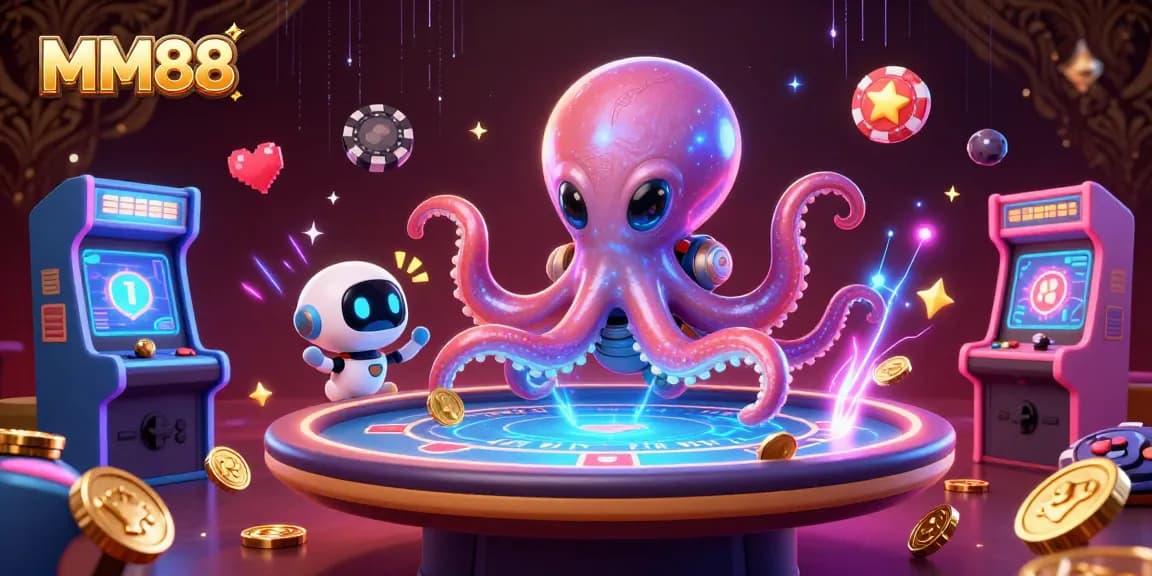 Engage in thrilling gameplay at MM88 with a 3D alien octopus generating excitement at a holographic poker table.