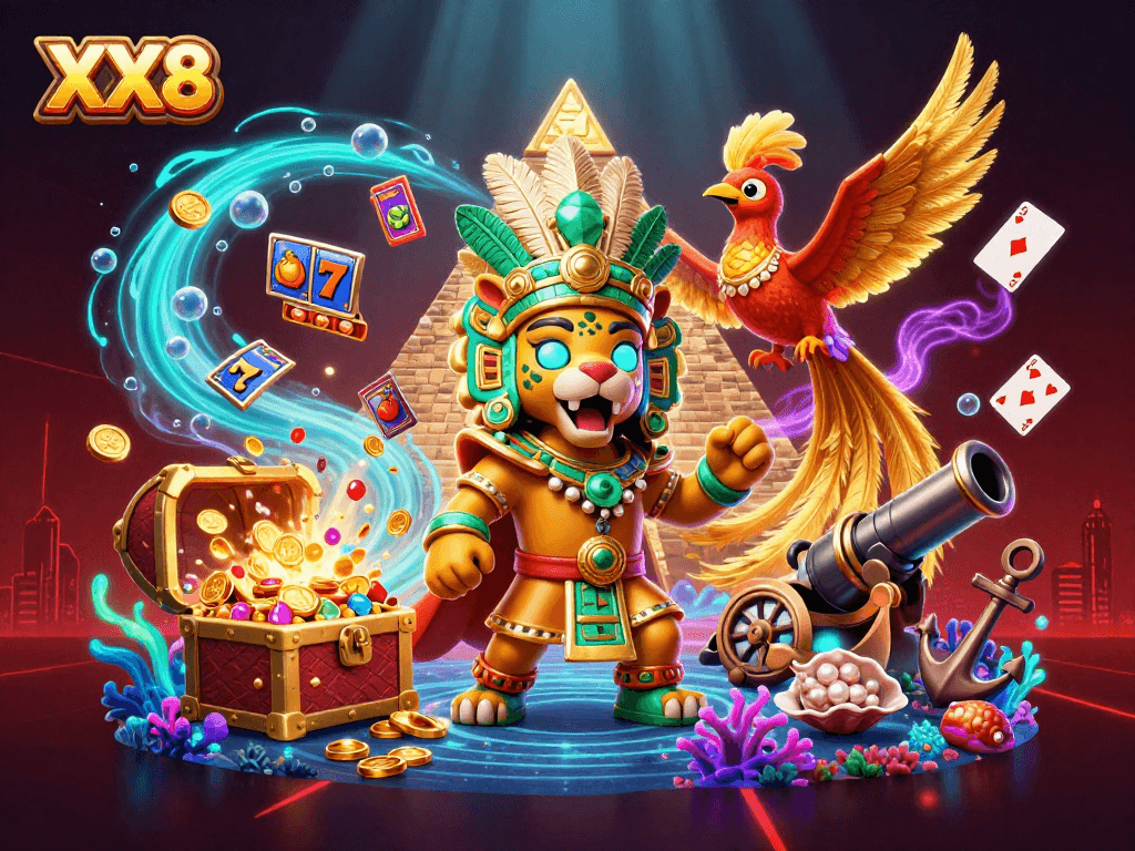 Engaging XX8 casino experience illustrated with vibrant slot reels and dynamic characters in a magical underwater scene.