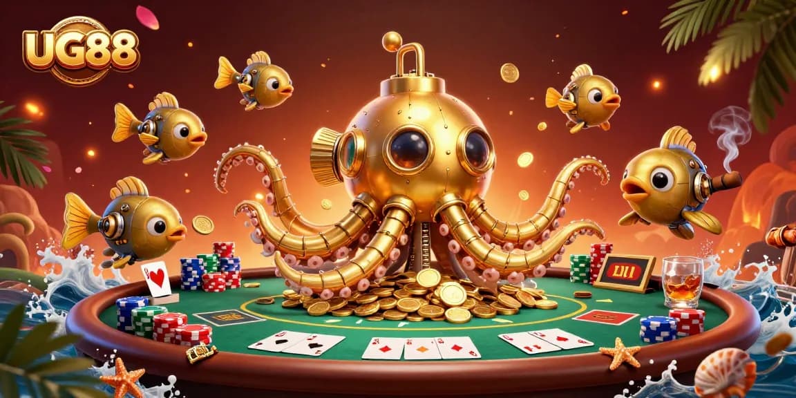 Engage in thrilling gameplay with UG88, where a golden kraken submarine explores riches amidst poker excitement.