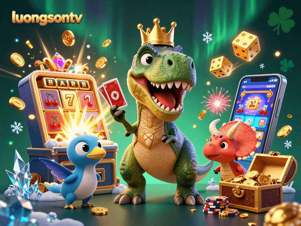 Experience thrilling gameplay with luongsontv's vibrant casino scene featuring a T-Rex shuffling cards.