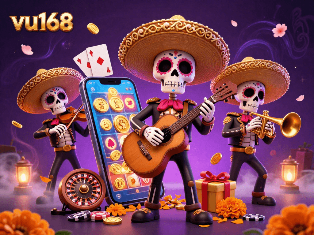 Play vibrant slot games with vu168 amidst a festive mariachi scene featuring colorful characters and casino elements.