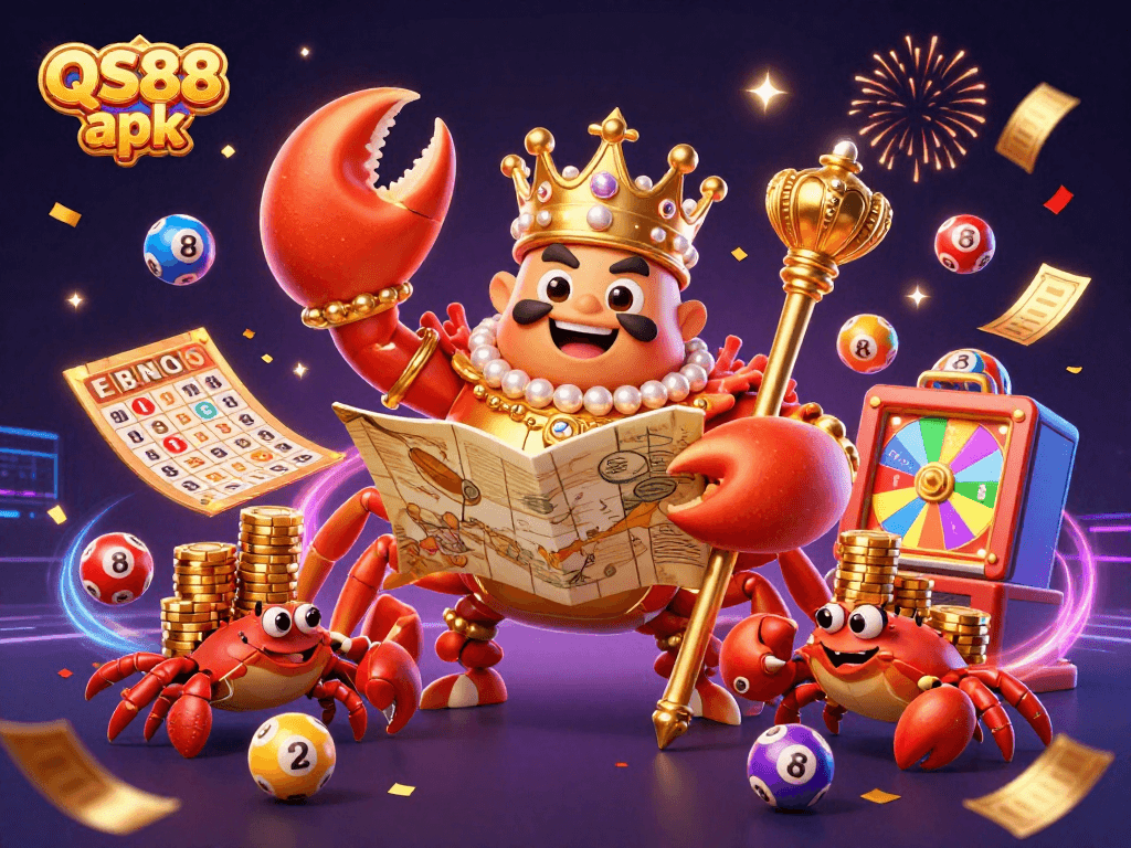 Engage with the exciting QS88 apk experience featuring a golden crab emperor and dynamic lottery elements.