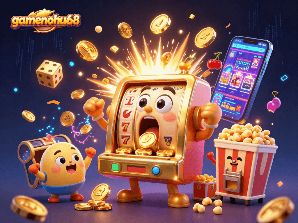 Spin for jackpots with gamenohu68's golden slot machine bursting with coins and colorful casino elements!