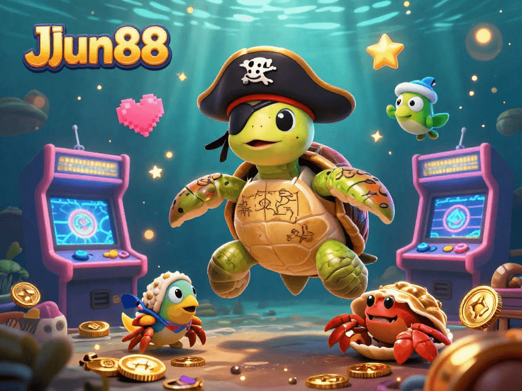 Experience the thrilling excitement of JJun88 with a vibrant underwater casino scene featuring a playful pirate turtle and a golden hermit crab.