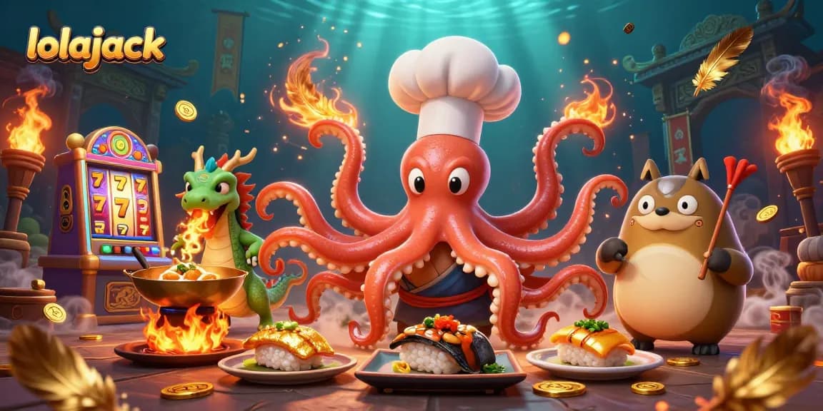 Engage in the fun of lolajack with a lively 3D scene featuring a sushi chef octopus and a dragon.