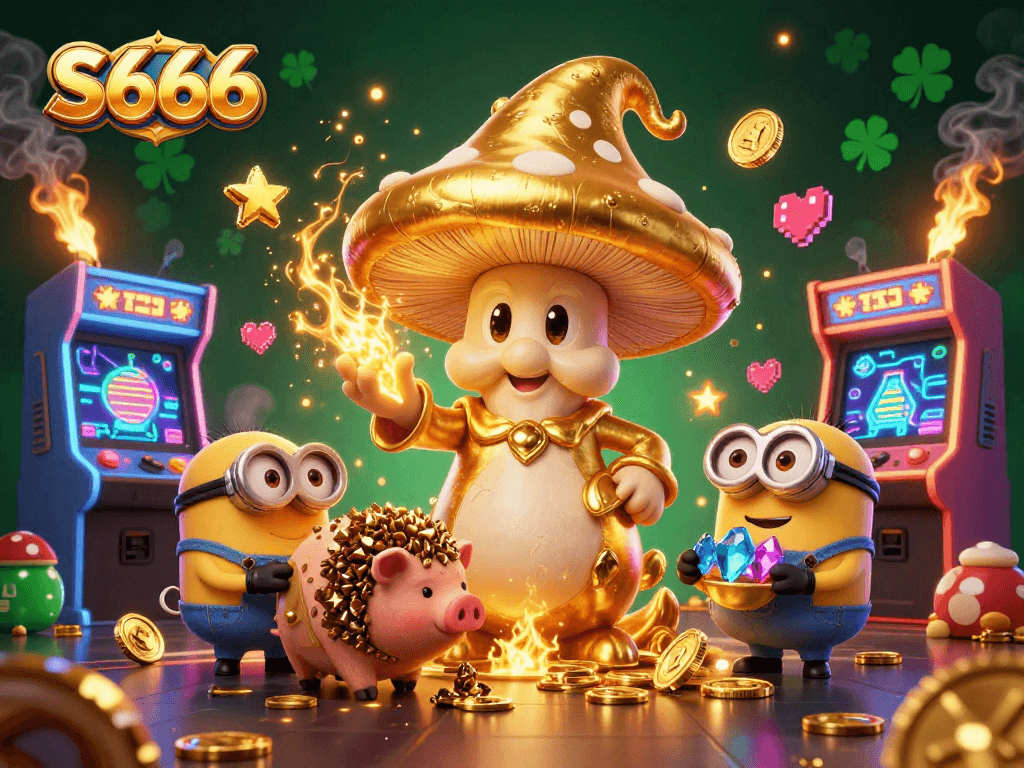 S666 players exploring vibrant casino games with a golden mushroom wizard and treasure-seeking truffle pig.