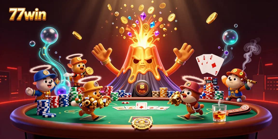 77win showcases a thrilling scene of treasure and excitement through a golden volcano and poker elements.