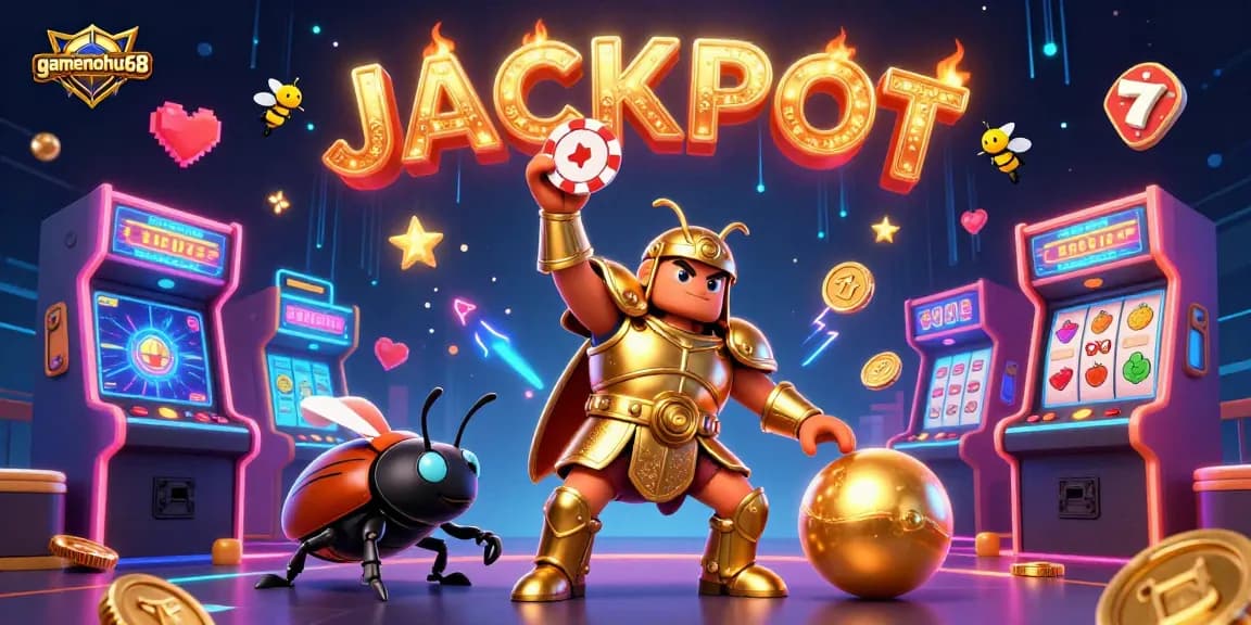 Experience the thrill of gamenohu68 with a 3D beetle championing a poker chip amidst vibrant casino elements and jackpots.