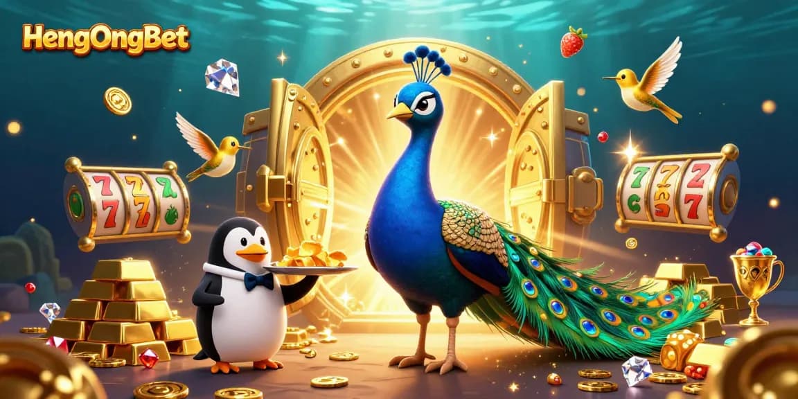Experience HengOngBet with a dazzling casino scene featuring slot reels, gems, and vibrant characters.