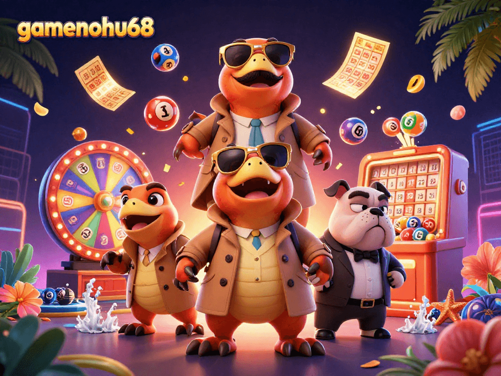 Experience gamenohu68 with colorful lottery balls and charming raptors in a casino scene.