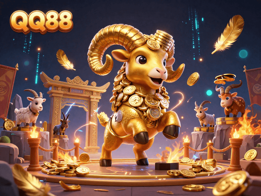 QQ88 engages players with a massive golden ram charging through a vibrant casino scene filled with dynamic betting elements.