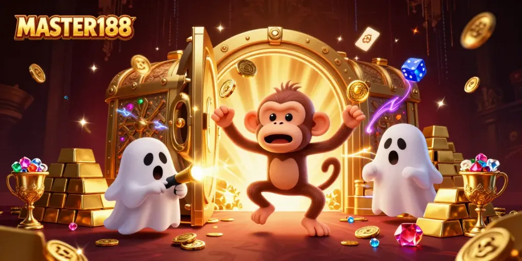 Master188 platform showcasing a playful poltergeist monkey and a ghost-hunter puppy amidst casino treasures.