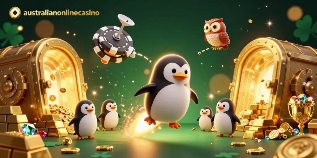 Experience the thrill of australianonlinecasino featuring a golden penguin rocket in a sparkling casino universe.