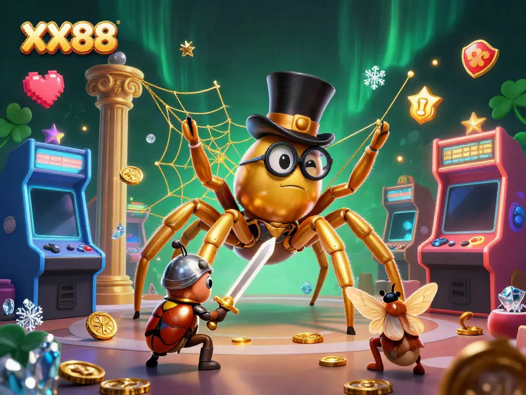 Experience thrilling gameplay at XX88 with a giant golden tarantula weaving a golden web in a vibrant casino setting.