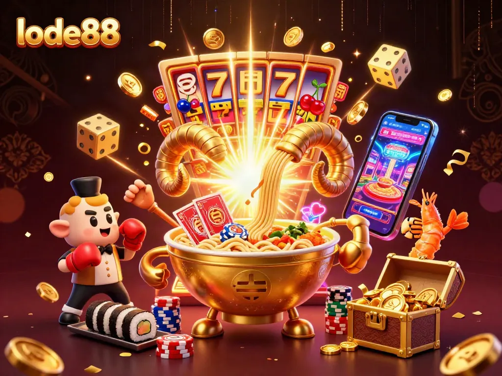 Experience the excitement of lode88 with a vibrant 3D illustration filled with casino games and characters.