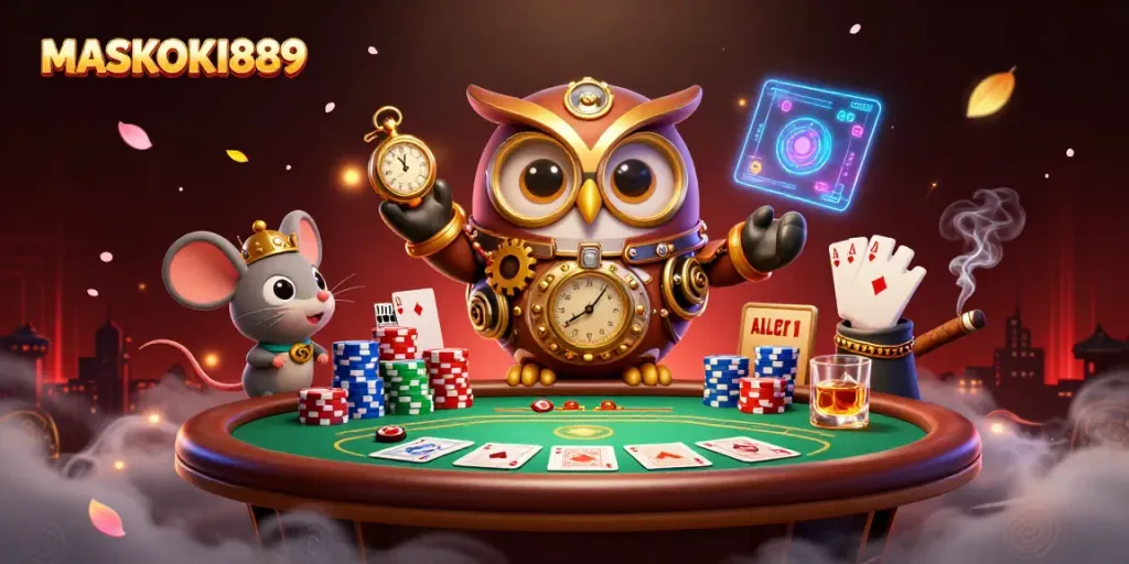 Engage in casino adventures with MASKOKI889, featuring an owl time-traveler and rich gaming elements.