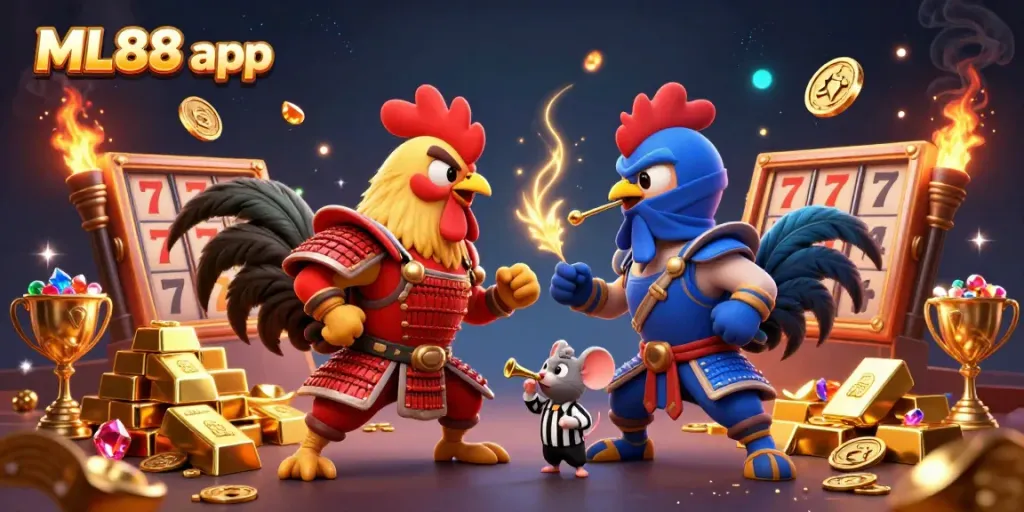 Engage with the ML88 app while witnessing a thrilling duel between fighting roosters amidst extravagant casino elements.