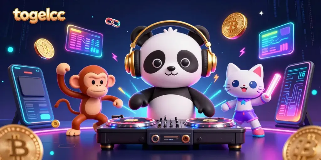 Engage with the vibrant world of togelcc, featuring a DJ panda, dancing monkey, and glow-stick kitten.
