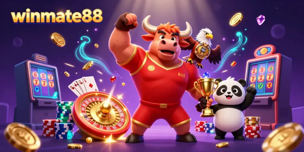 Winmate88 features a vibrant 3D casino scene with characters celebrating wins, showcasing gaming excitement.