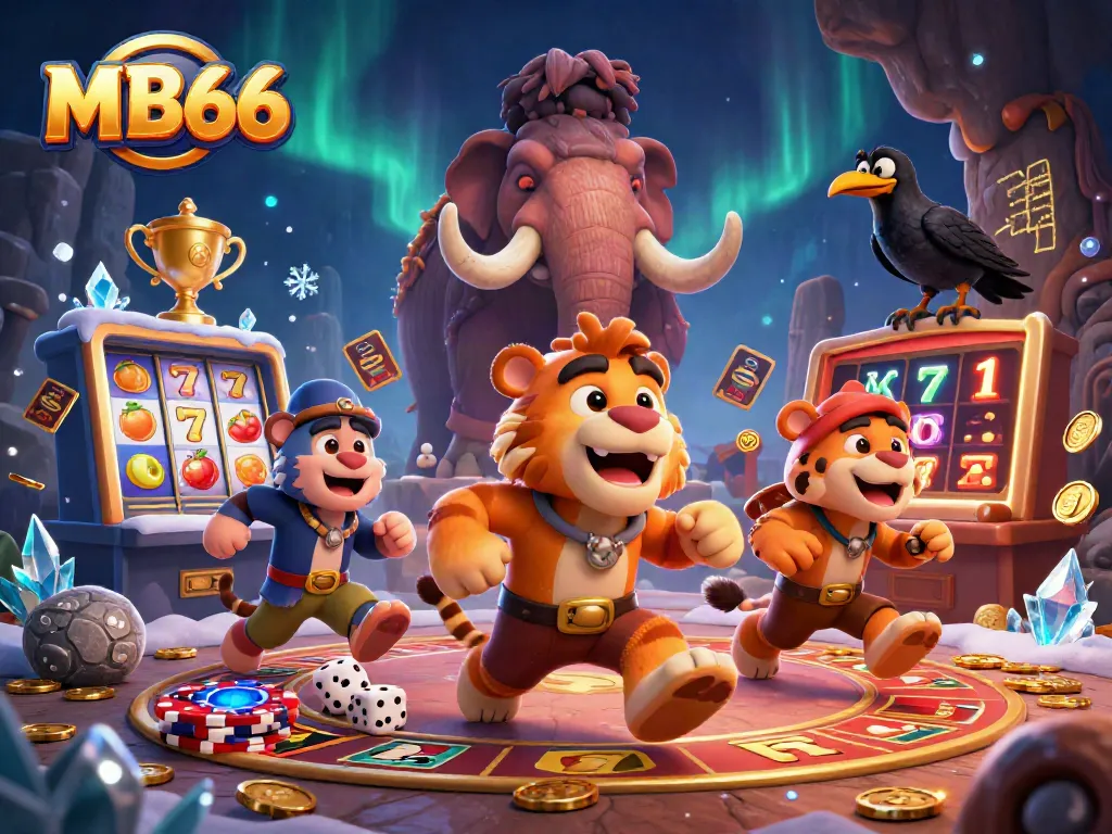 Engage with the thrilling MB66 casino adventure featuring cavemen and dynamic game elements in vibrant detail.