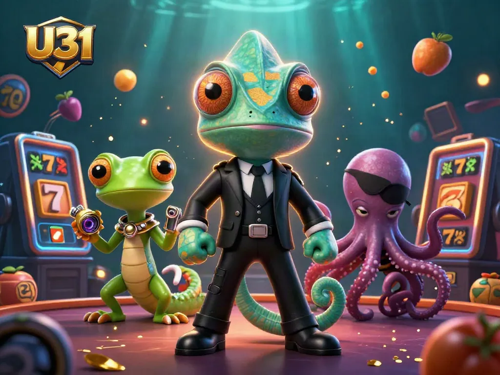 Experience thrilling U31 gaming action with vibrant characters and dynamic slot elements in this vivid casino scene.