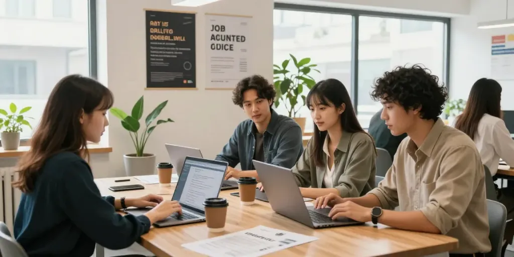 Engaged job seekers in a modern workspace exploring หางาน opportunities with laptops and coffee cups.
