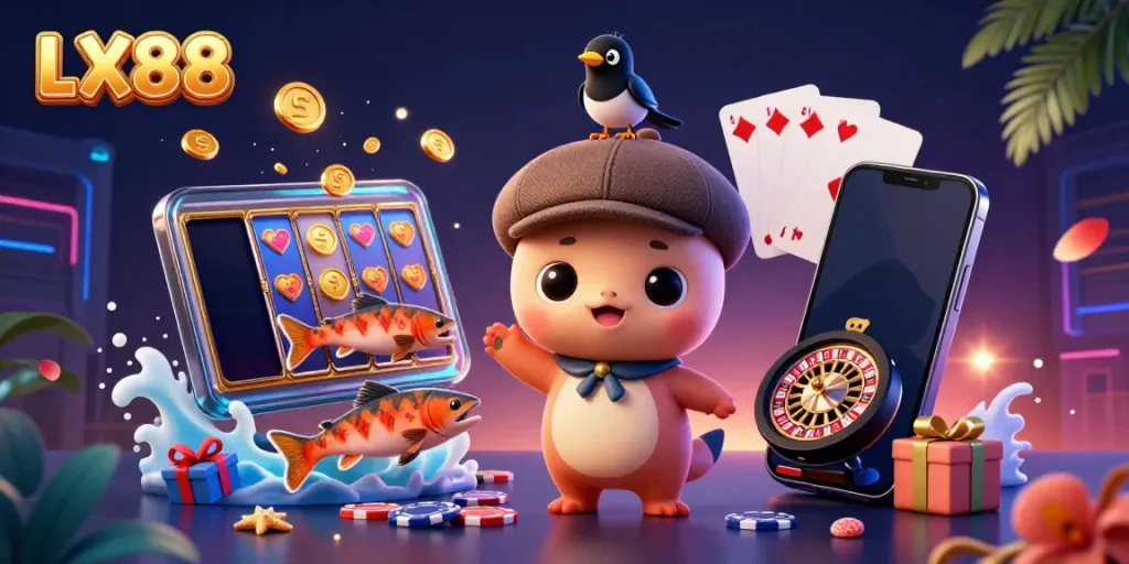 Experience exciting slot action at LX88 with a whimsical depiction of Nessie and friends amidst casino elements.