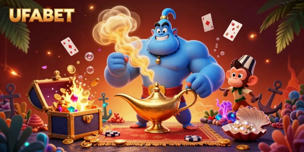 Engage with UFABET's gaming magic through a magical genie scene bursting with action and color.
